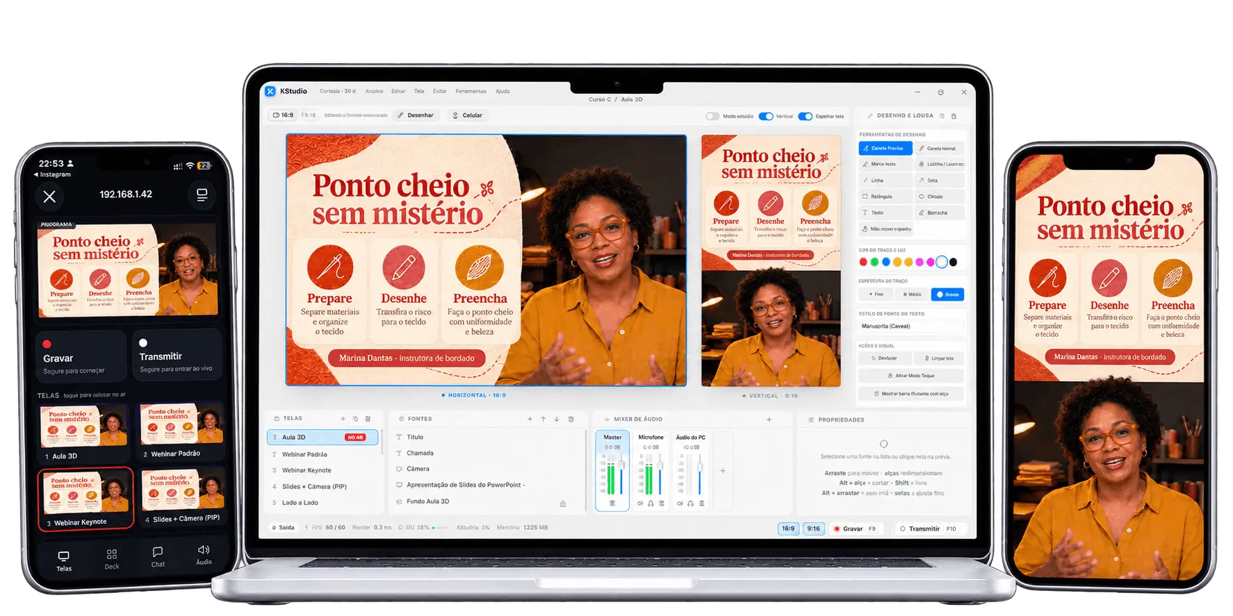 Notebook com o KStudio aberto e celulares com controle e corte vertical