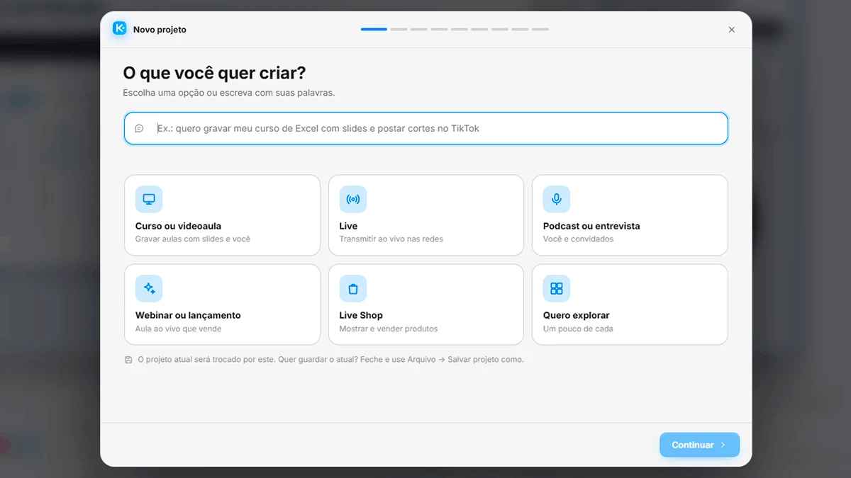 Print do assistente de novo projeto - O que você quer criar?
