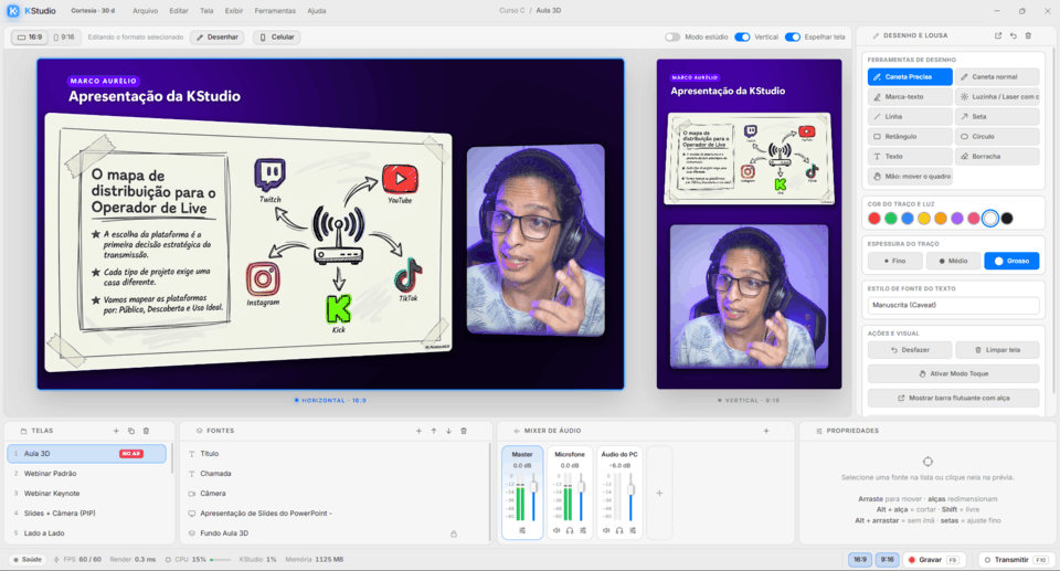 Interface completa do software KStudio com gravação simultânea horizontal (16:9) e vertical (9:16)
